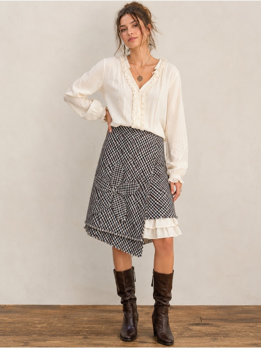 Anthropologie Snak Plaid Tweed Wrap Skirt Floral Applique Fringe Size 0